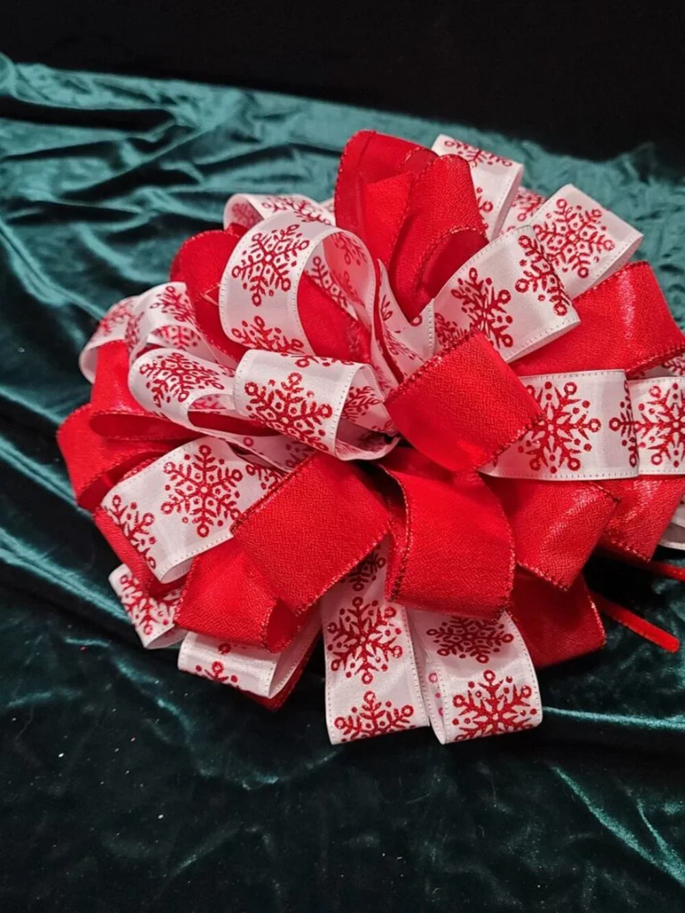 Christmas Tree Bow Topper, Red Snowflake and Red Ribbon Tree Topper 44 Loop Bow